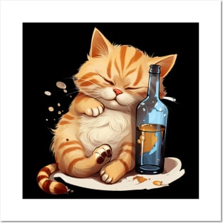 Drunk Cat Snoozing: Cartoon Cute Orange & Blue Drawing Posters and Art